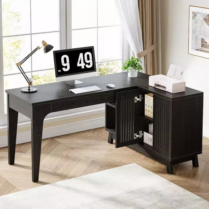 57" L-Shaped Computer Desk with Storage Cabinet for Home Office
