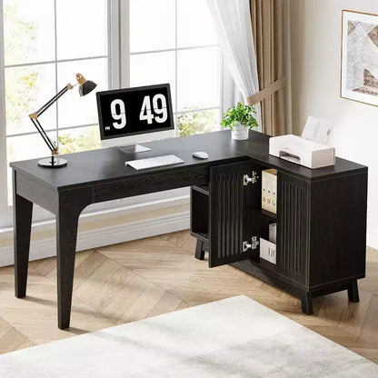 57" L-Shaped Computer Desk with Storage Cabinet for Home Office