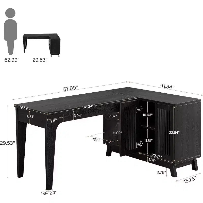 57" L-Shaped Computer Desk with Storage Cabinet for Home Office