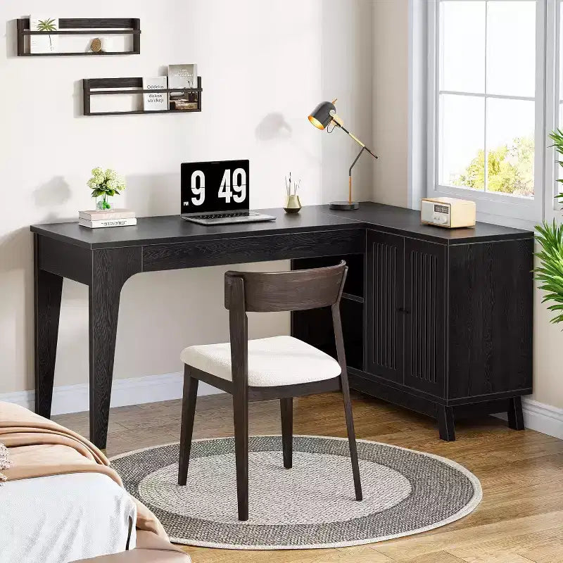 57" L-Shaped Computer Desk with Storage Cabinet for Home Office