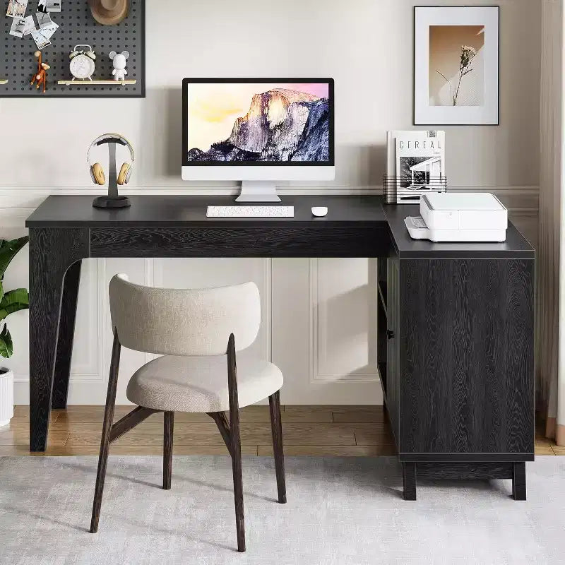 57" L-Shaped Computer Desk with Storage Cabinet for Home Office