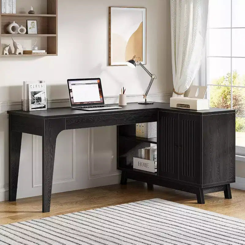 57" L-Shaped Computer Desk with Storage Cabinet for Home Office