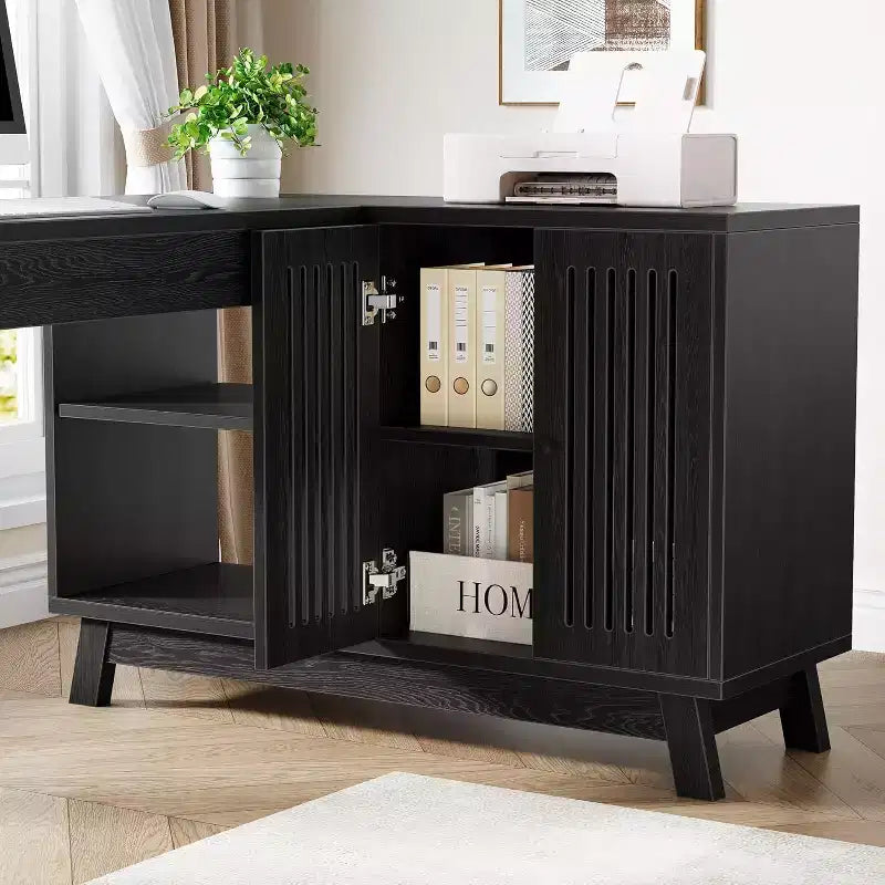 57" L-Shaped Computer Desk with Storage Cabinet for Home Office