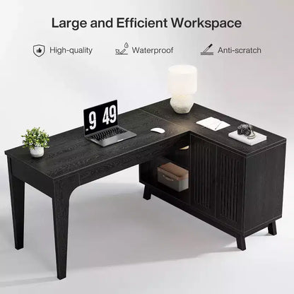 57" L-Shaped Computer Desk with Storage Cabinet for Home Office