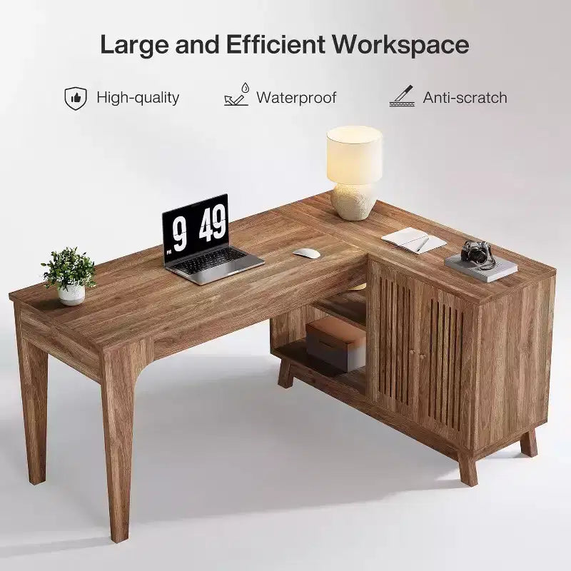57" L-Shaped Computer Desk with Storage Cabinet for Home Office