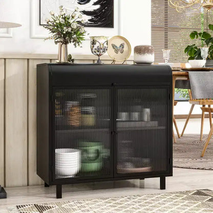 CLIHOME Modern Sideboard Buffet Cabinet with Tempered Figured Glass Doors and Flip Top, Metal Frame Storage Console