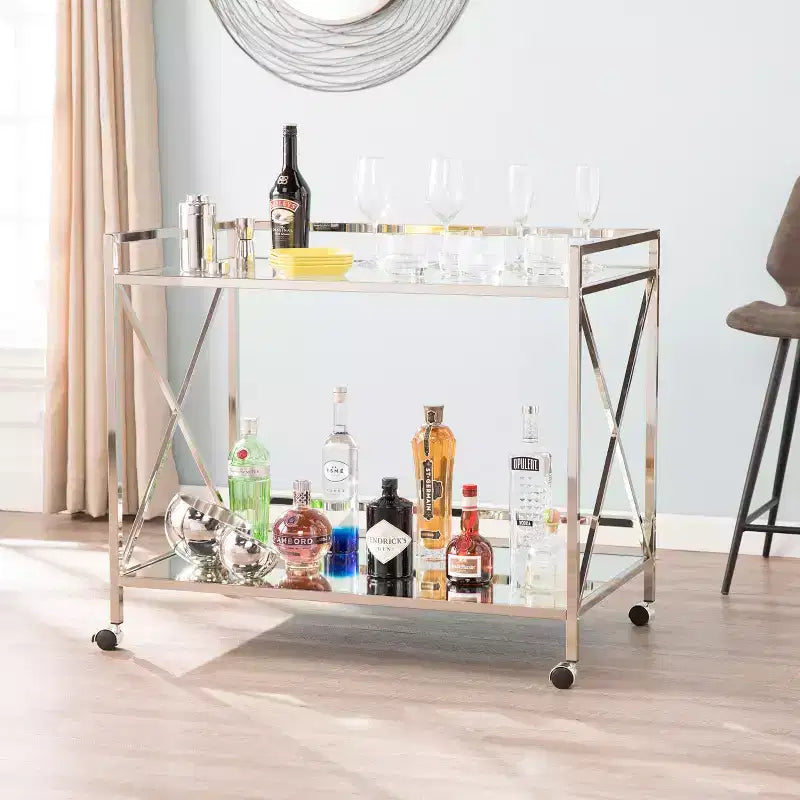 Modern Bar Cart with Wheels, Silver & Charcoal, Home Entertaining