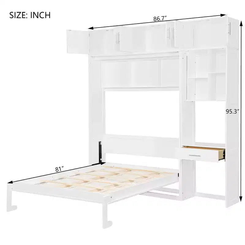 Twin Size Wall Murphy Bed with Top Cabinet, Shelves, LED Light & USB, Space Saving