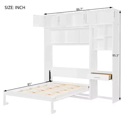 Twin Size Wall Murphy Bed with Top Cabinet, Shelves, LED Light & USB, Space Saving