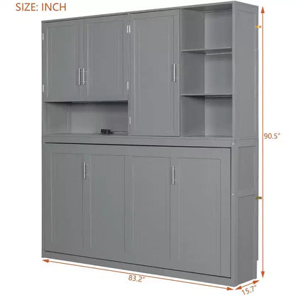 Twin Size Wall Murphy Bed with Top Cabinet, Shelves, LED Light & USB, Space Saving