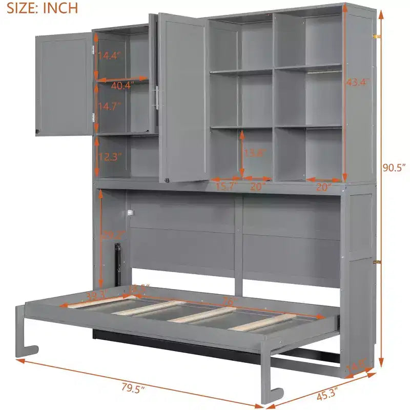 Twin Size Wall Murphy Bed with Top Cabinet, Shelves, LED Light & USB, Space Saving