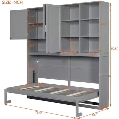 Twin Size Wall Murphy Bed with Top Cabinet, Shelves, LED Light & USB, Space Saving