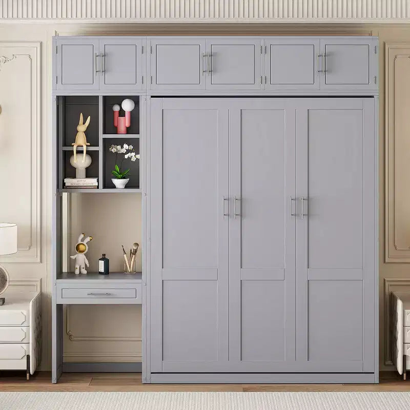 Twin Size Wall Murphy Bed with Top Cabinet, Shelves, LED Light & USB, Space Saving