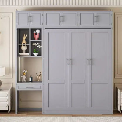Twin Size Wall Murphy Bed with Top Cabinet, Shelves, LED Light & USB, Space Saving