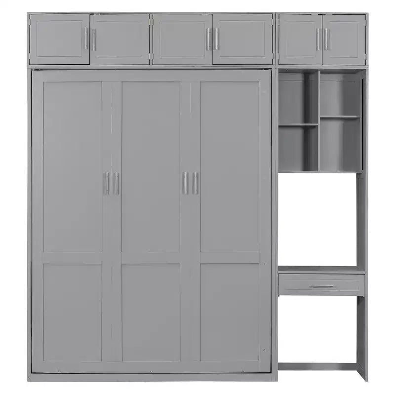 Twin Size Wall Murphy Bed with Top Cabinet, Shelves, LED Light & USB, Space Saving