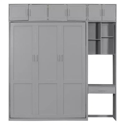 Twin Size Wall Murphy Bed with Top Cabinet, Shelves, LED Light & USB, Space Saving