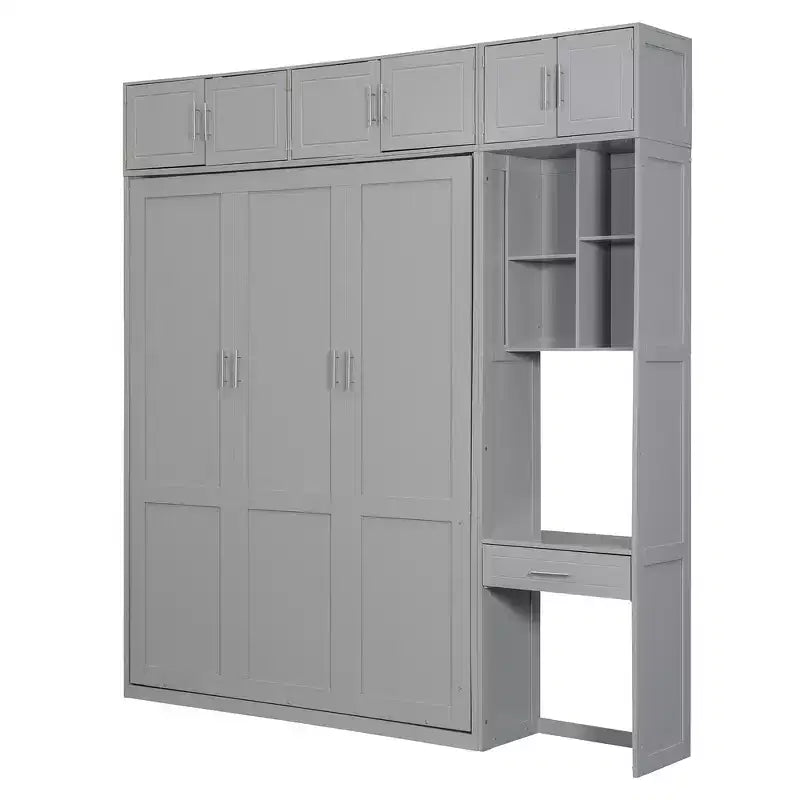 Twin Size Wall Murphy Bed with Top Cabinet, Shelves, LED Light & USB, Space Saving