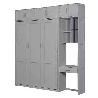 Twin Size Wall Murphy Bed with Top Cabinet, Shelves, LED Light & USB, Space Saving