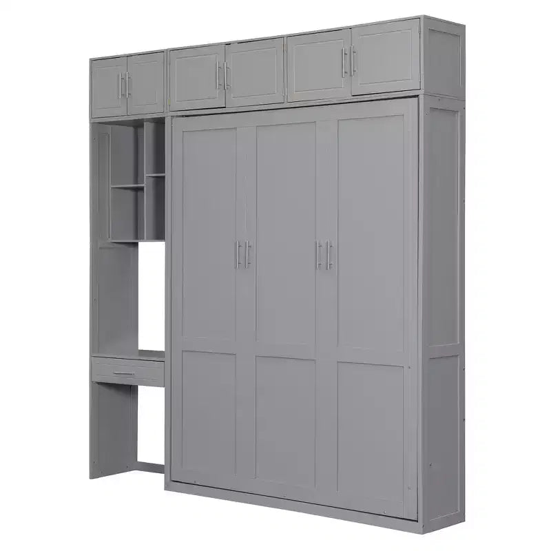 Twin Size Wall Murphy Bed with Top Cabinet, Shelves, LED Light & USB, Space Saving