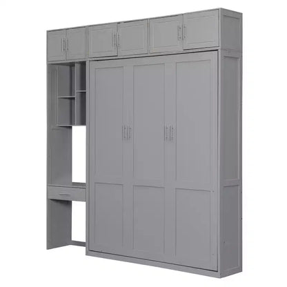 Twin Size Wall Murphy Bed with Top Cabinet, Shelves, LED Light & USB, Space Saving