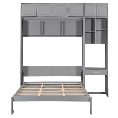 Twin Size Wall Murphy Bed with Top Cabinet, Shelves, LED Light & USB, Space Saving