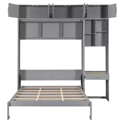 Twin Size Wall Murphy Bed with Top Cabinet, Shelves, LED Light & USB, Space Saving