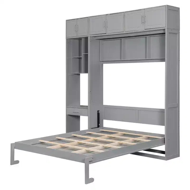 Twin Size Wall Murphy Bed with Top Cabinet, Shelves, LED Light & USB, Space Saving