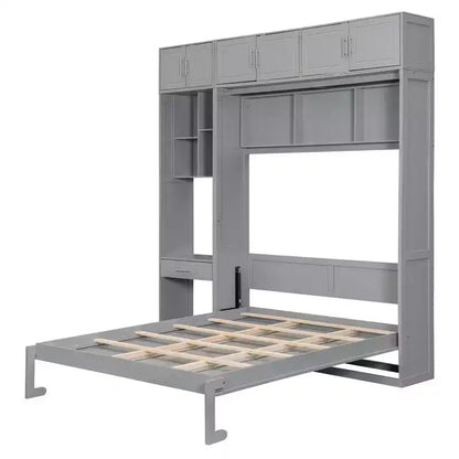 Twin Size Wall Murphy Bed with Top Cabinet, Shelves, LED Light & USB, Space Saving