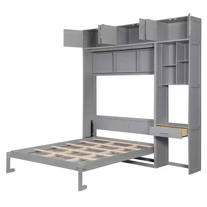 Twin Size Wall Murphy Bed with Top Cabinet, Shelves, LED Light & USB, Space Saving
