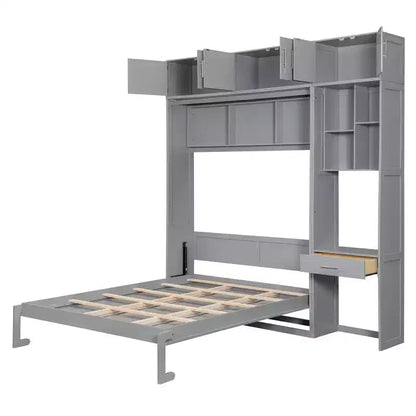 Twin Size Wall Murphy Bed with Top Cabinet, Shelves, LED Light & USB, Space Saving