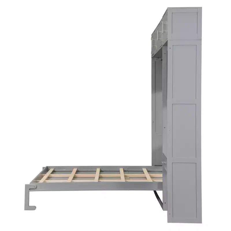 Twin Size Wall Murphy Bed with Top Cabinet, Shelves, LED Light & USB, Space Saving