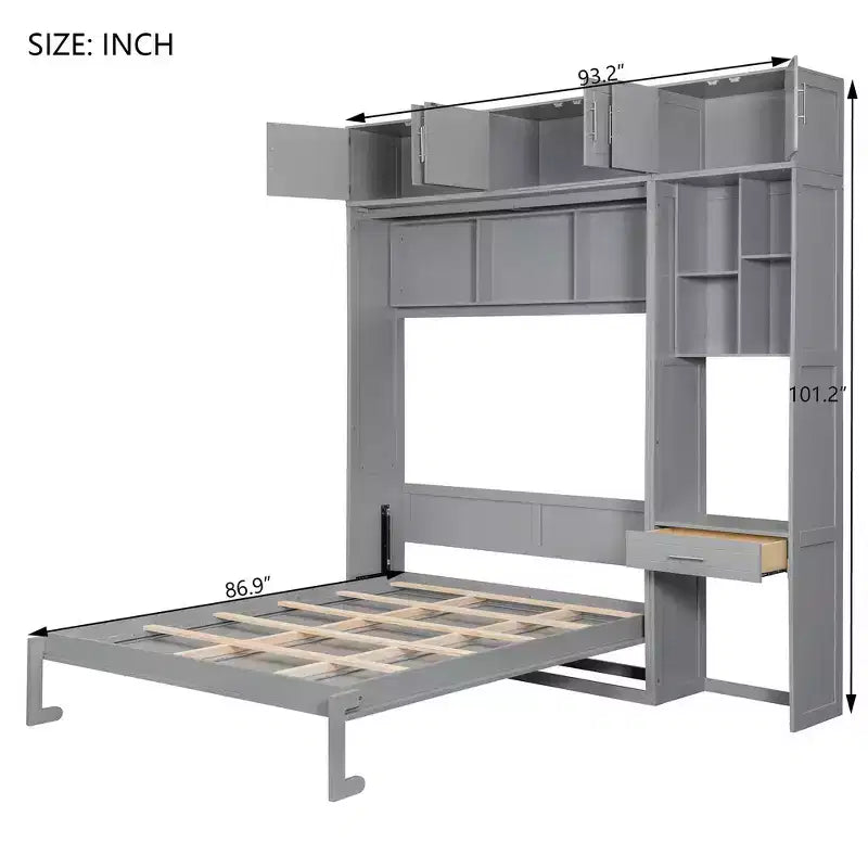 Twin Size Wall Murphy Bed with Top Cabinet, Shelves, LED Light & USB, Space Saving