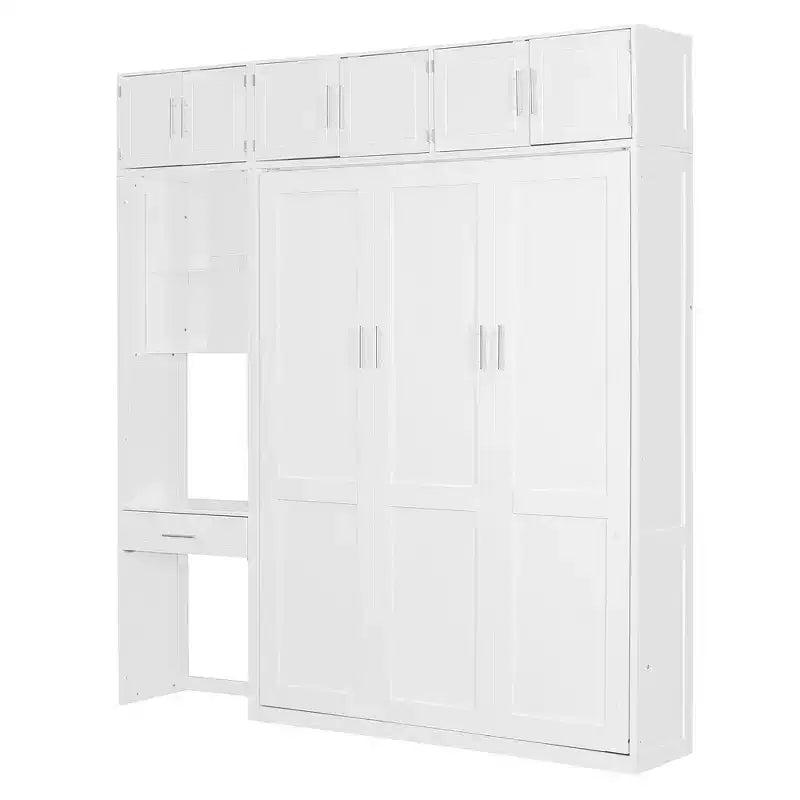 Twin Size Wall Murphy Bed with Top Cabinet, Shelves, LED Light & USB, Space Saving