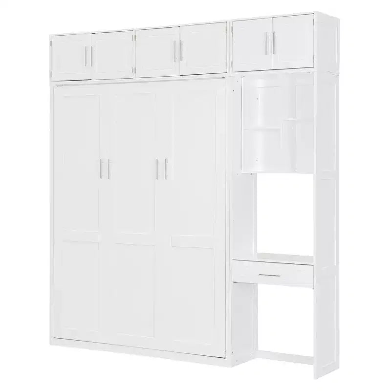 Twin Size Wall Murphy Bed with Top Cabinet, Shelves, LED Light & USB, Space Saving