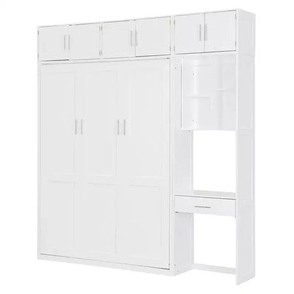 Twin Size Wall Murphy Bed with Top Cabinet, Shelves, LED Light & USB, Space Saving