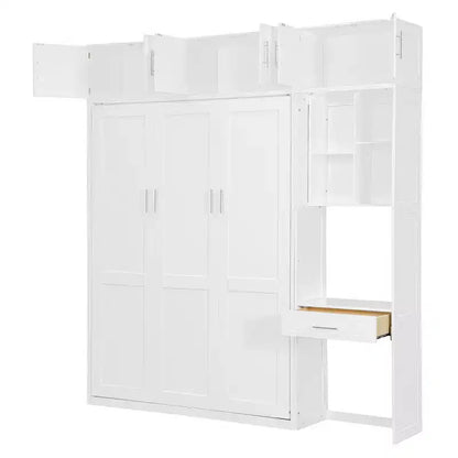 Twin Size Wall Murphy Bed with Top Cabinet, Shelves, LED Light & USB, Space Saving