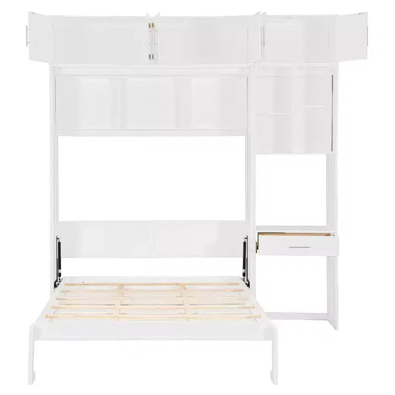Twin Size Wall Murphy Bed with Top Cabinet, Shelves, LED Light & USB, Space Saving