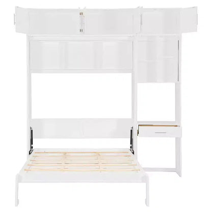 Twin Size Wall Murphy Bed with Top Cabinet, Shelves, LED Light & USB, Space Saving