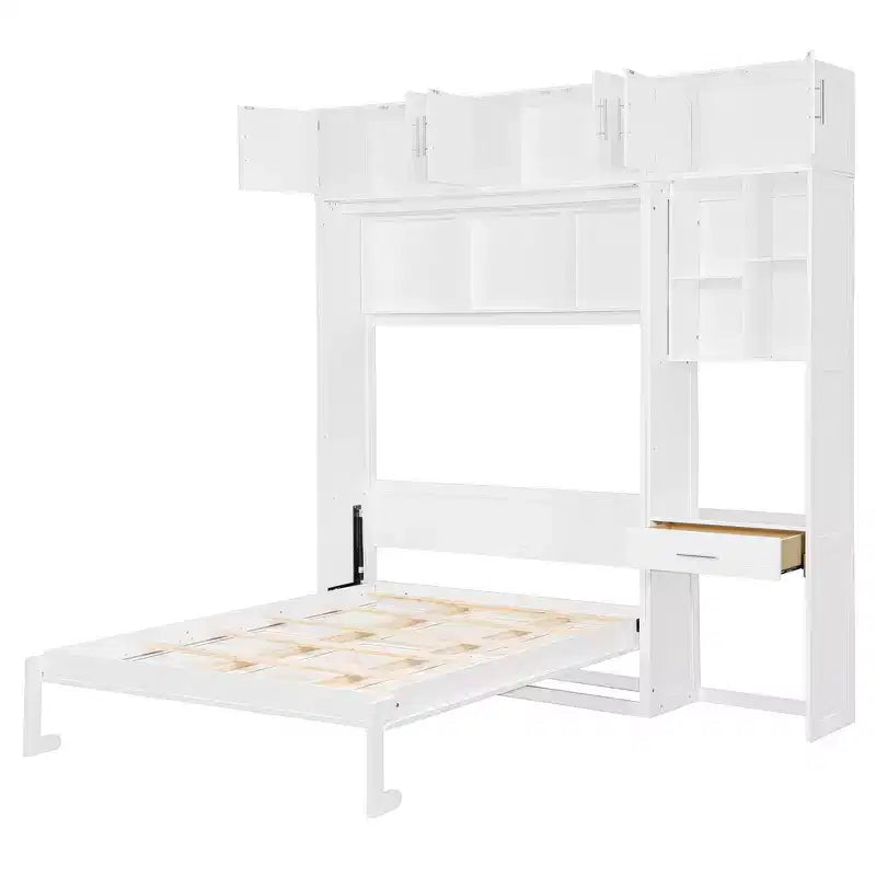 Twin Size Wall Murphy Bed with Top Cabinet, Shelves, LED Light & USB, Space Saving