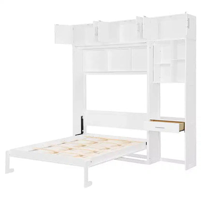 Twin Size Wall Murphy Bed with Top Cabinet, Shelves, LED Light & USB, Space Saving