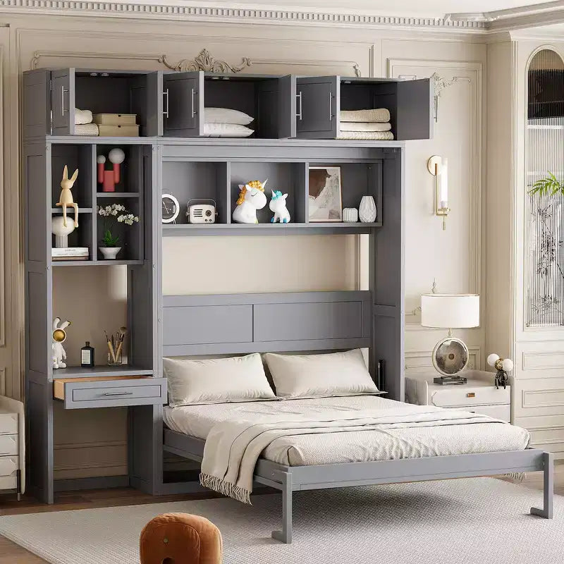 Twin Size Wall Murphy Bed with Top Cabinet, Shelves, LED Light & USB, Space Saving