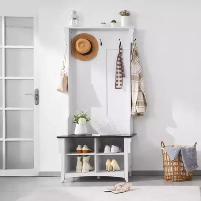 Hall Tree Entryway Bench with Shoe Storage, 32" Wide, 5 Hooks & Adjustable Shelves
