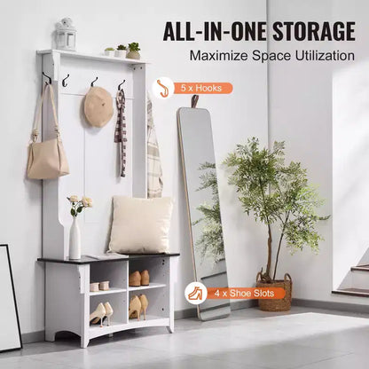 Hall Tree Entryway Bench with Shoe Storage, 32" Wide, 5 Hooks & Adjustable Shelves