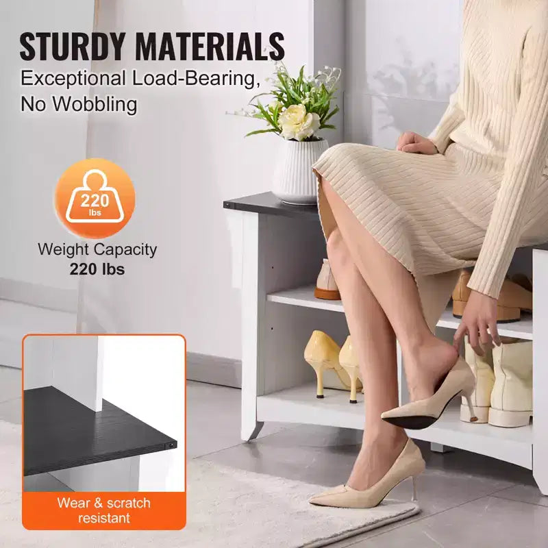 Hall Tree Entryway Bench with Shoe Storage, 32" Wide, 5 Hooks & Adjustable Shelves