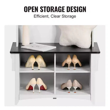 Hall Tree Entryway Bench with Shoe Storage, 32" Wide, 5 Hooks & Adjustable Shelves
