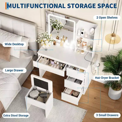Vanity Desk with LED Mirror - Makeup Vanity Desk with 4 Drawers, Power Outlets, Storage Stool, Storage Shelves, and Hair Dryer Holder