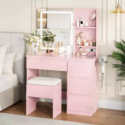 Vanity Desk with LED Mirror - Makeup Vanity Desk with 4 Drawers, Power Outlets, Storage Stool, Storage Shelves, and Hair Dryer Holder