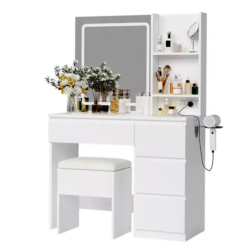 Vanity Desk with LED Mirror - Makeup Vanity Desk with 4 Drawers, Power Outlets, Storage Stool, Storage Shelves, and Hair Dryer Holder