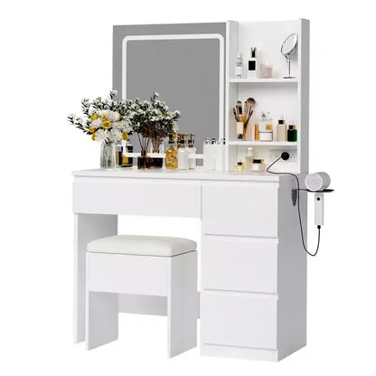 Vanity Desk with LED Mirror - Makeup Vanity Desk with 4 Drawers, Power Outlets, Storage Stool, Storage Shelves, and Hair Dryer Holder