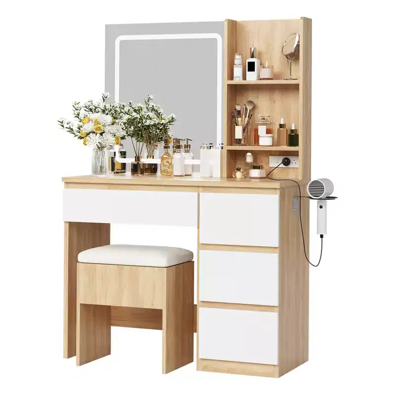 Vanity Desk with LED Mirror - Makeup Vanity Desk with 4 Drawers, Power Outlets, Storage Stool, Storage Shelves, and Hair Dryer Holder